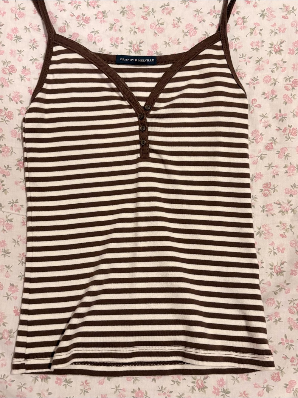 Brandy Melville Brown and White Striped Henley Ribbed Cami